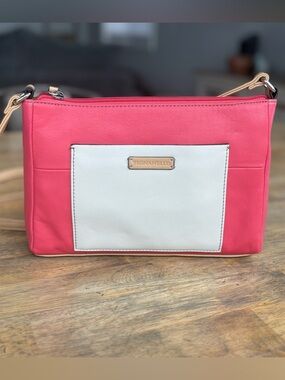 Tignanello Leather Coral Pink and White Crossbody Bag with Tan Strap